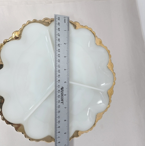 Anchor Hocking Fire-King Milk Glass-Gold Relish Cheese Cracker Dish 3 Sections - Picture 9 of 12